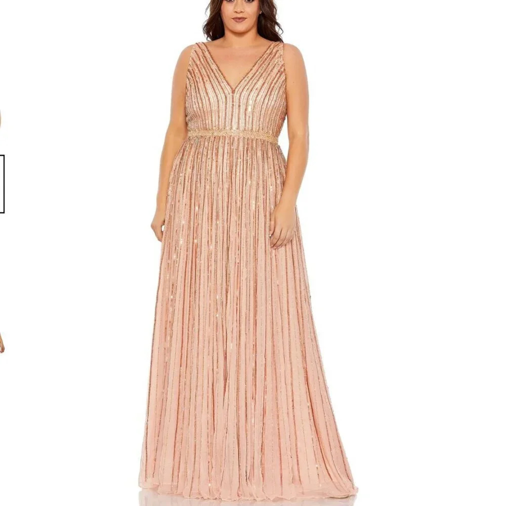 Mac Duggal Rose Gold Beaded V-Neck Prom Gown
